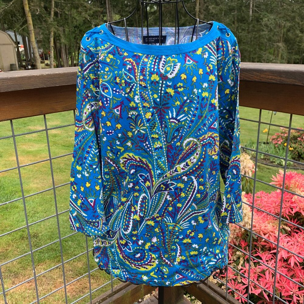 NWT Jones New York Women's size XL Blue Design 3/4 Sleeve Pullover Tunic